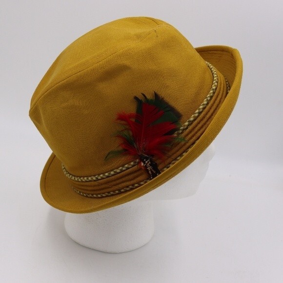 Vintage Yellow Fendora Hat Feathers Yankee Doodle Hat 6 3/4 - Picture 1 of 9